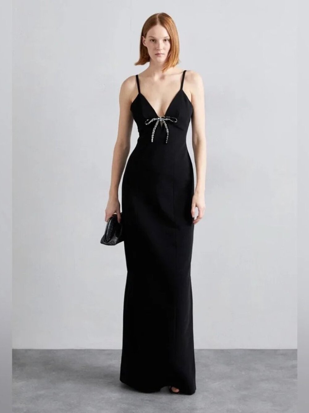 CINQ À SEPT Adele Gown Crystal Embellished Front Bow Black Maxi Dress